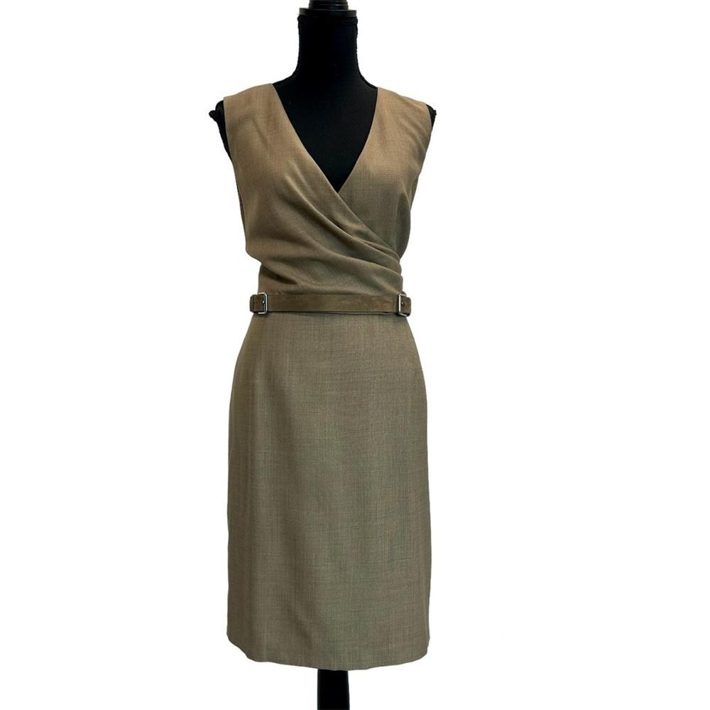 Ralph Lauren tan camel brown sleeveless wool cashmere belted midi dress Sz 10